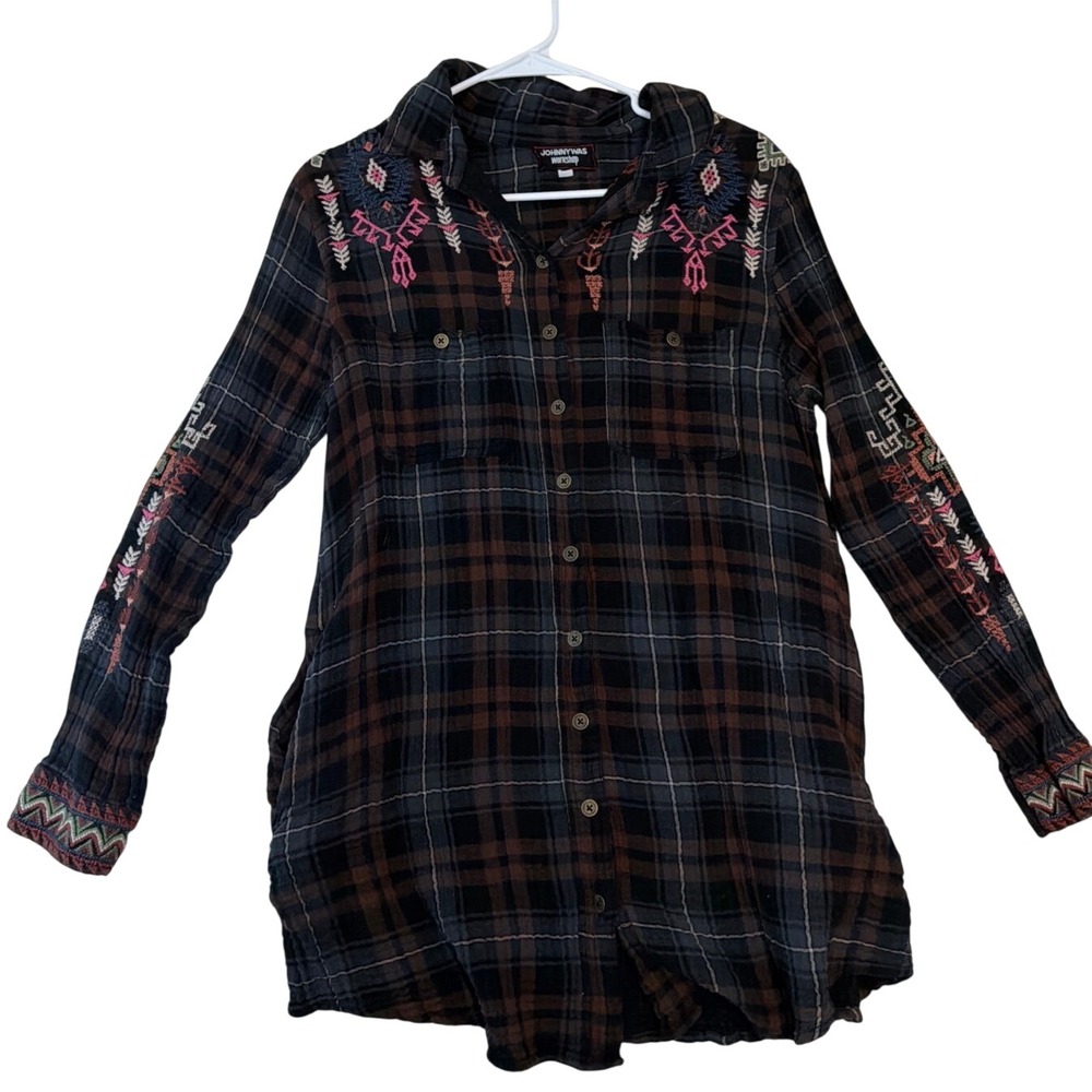 Johnny Was Workshop Plaid Embroidered Cotton Gauze Tunic Shirt Pockets Medium